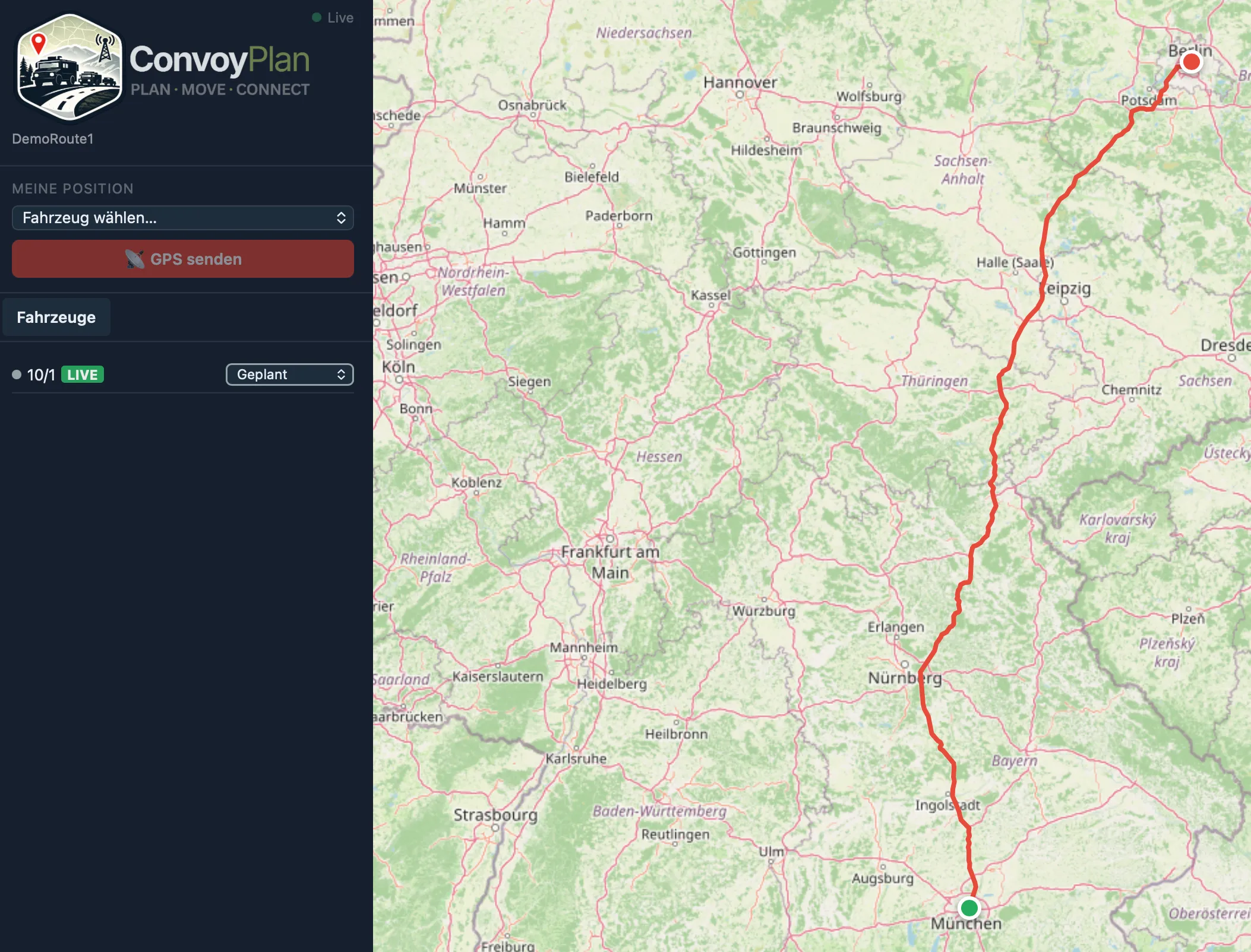 Live-Tracking-Ansicht mit Fahrzeugliste, Live-Status und Route auf der Karte